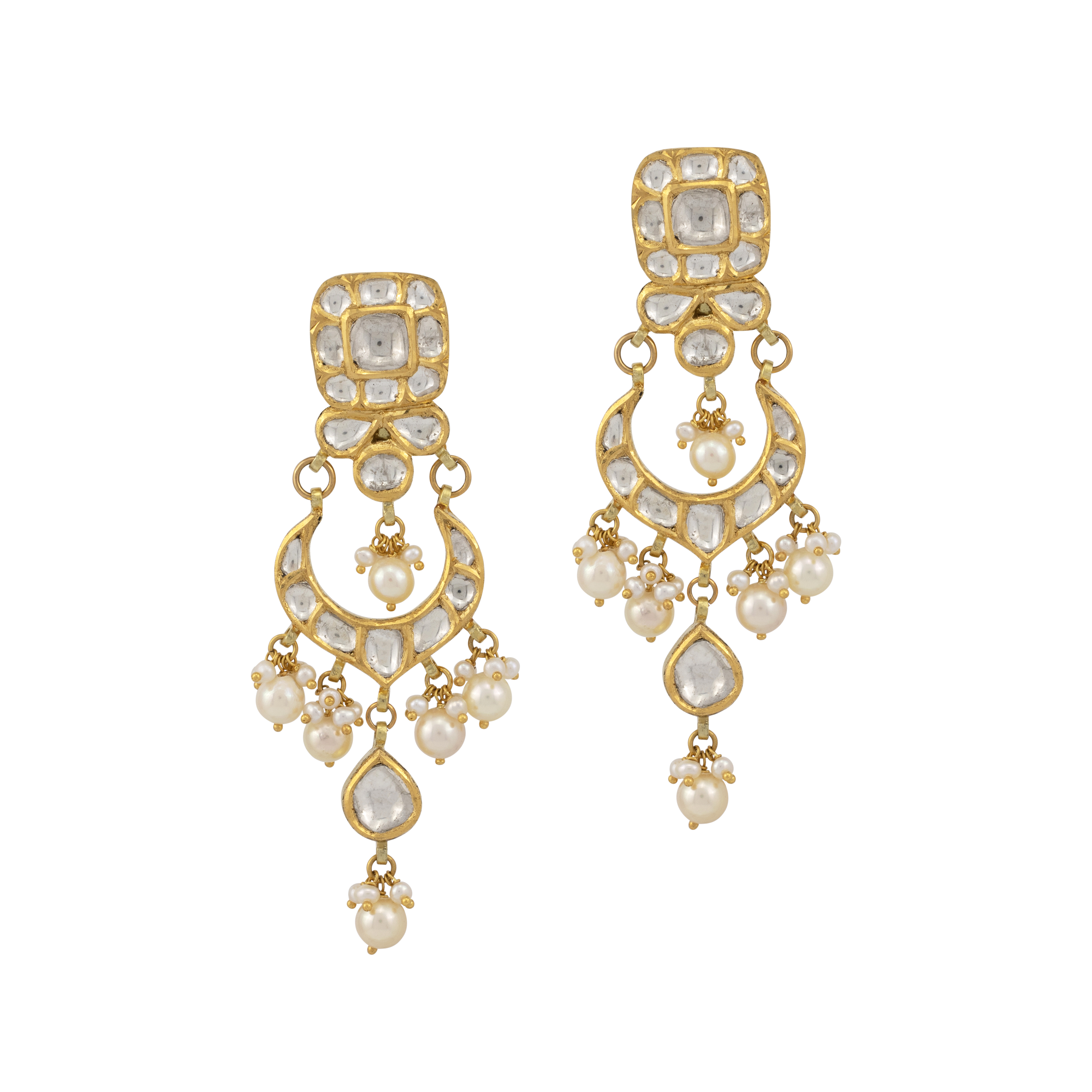 Crescent Polki Earrings with Pearl Drops and Square Diamonds